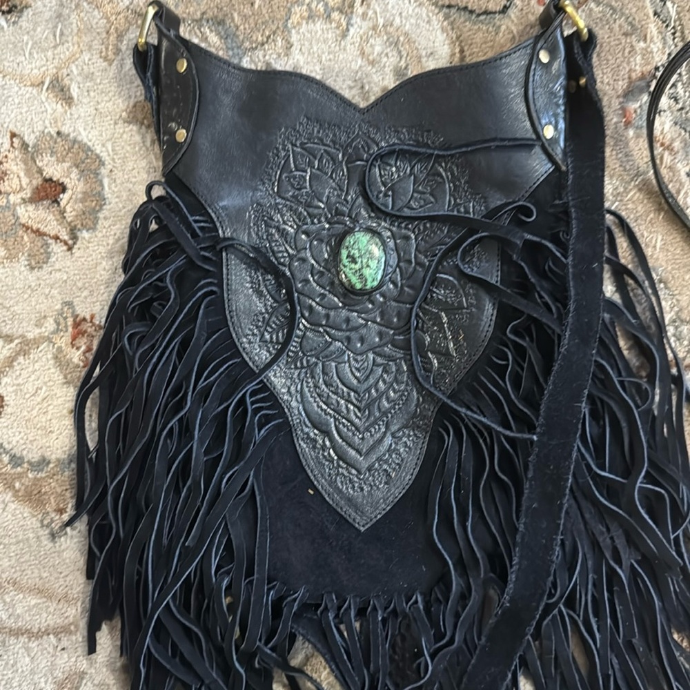 Hand tooled black leather bag with real stone detail